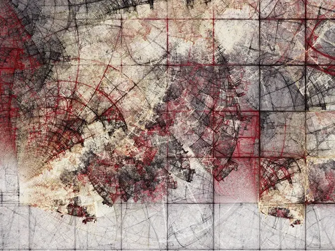 An abstract moody dark, black, red, and white painting showing an idea of damage and deterioration